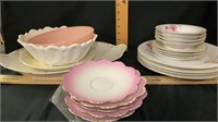 Pink Patterned Dishes, Platter, Bowls,some chips