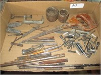Small saw, punches, bit & metal box w/screwdrivers