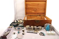 Wooden Box w/Contents: Various Sterling Silver,