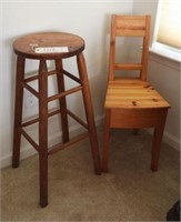 Lot #2120 - Pine side chair and Oak stool