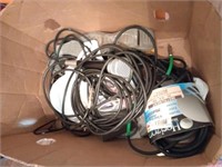 Box of misc cords, a microphone and TV convertor