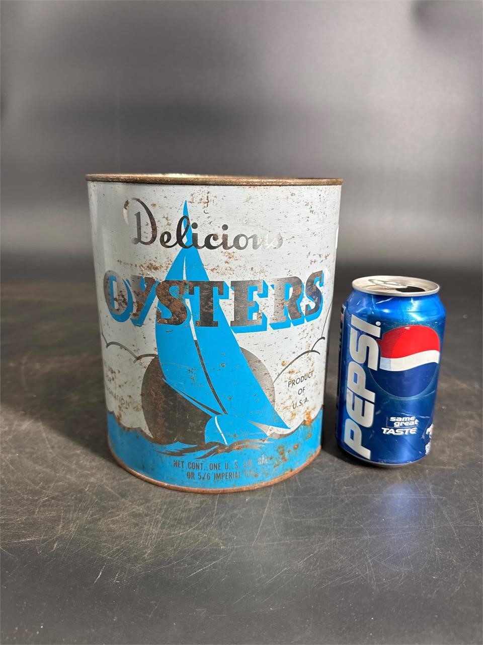 1 GALLON DELICOUS OYSTERS CAN SAILBOAT