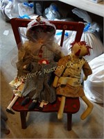 Wood country chair w/3 dolls