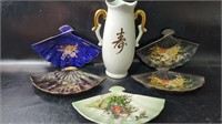 Vintage Porcelain Fan Trinket Dishes & White