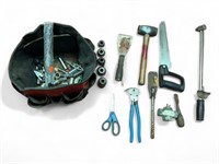 Hand Tools in Bucket w Bag, Saw, Mallet