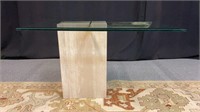 Vintage Travertine, Brass & Glass Entryway Table