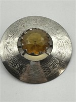 Scottish Engraved Silver Tone Gemstone Brooch
