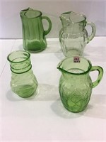 Lot of 4 Various Green Depression Glass Pitchers