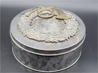 Pewter & Brass Cookie Tin w/ Wreath & Horn