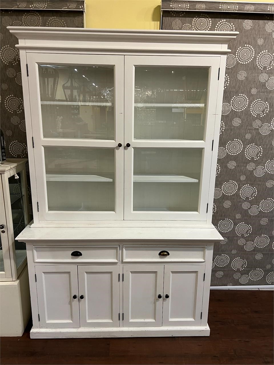 White Wood Cupboard with Glass Door Hutch