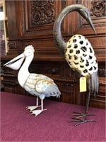 2pc Metal Bird Sculptures: Heron, Pelican