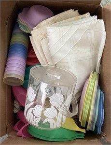 Box of Plastic Plates, Linens, Plastic Ice