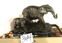 Elephant w/Family Bronze Sculpture on Marble Base