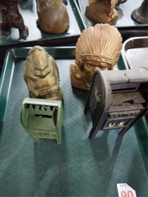 4 CAST COIN BANKS W/ MAILBOXES, N AMERICAN, BUDDHA