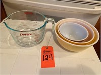 3-Pyrex bowls, Pyrex measuring cups