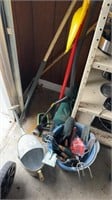 Gardening tools, rake, broom, watering can