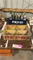 Wooden Pepsi box & vintage Pepsi bottles,& case