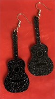 Large sparkly black guitar earrings 3.25 inches