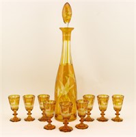 Amber Cut to Clear Decanter & Shot Glasses