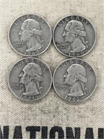 FOUR Vintage Quarters 1960-62 25c Coins 90% Silver