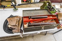 Metal Toolbox w/ Misc. Tools; Tool Belt; Hose