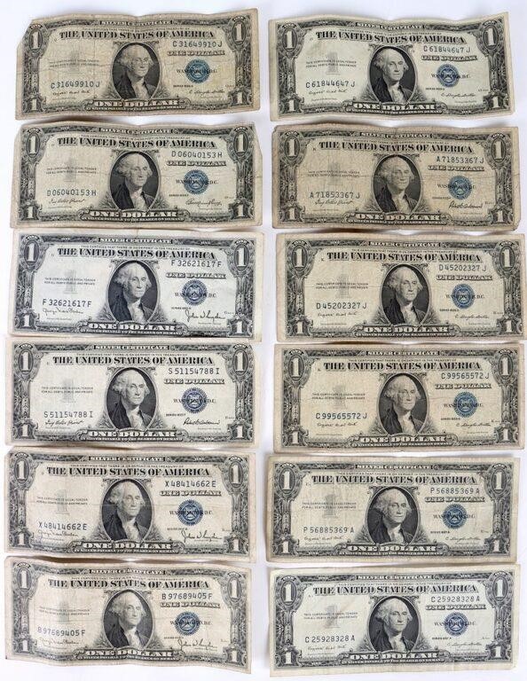 SILVER CERTIFICATE $1 BILLS OF 1935 AND 1957 -(12)