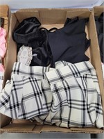 Velour bikini top, black onesies, and skirt size