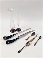 Sterling Weighted Vases, Bone Meat Carving Set