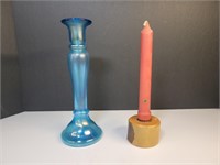 2x Vintage candlestick holders glass and wood