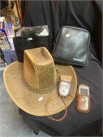 Cowboy hat, meter gauge and 2 binoculars