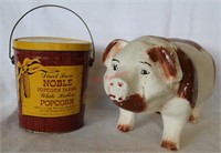 Vintage Chalkware Pig & Noble Farms Popcorn Tin