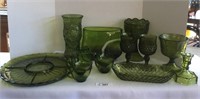 14 pcs. Vintage Green Glass Vases, Platter & More