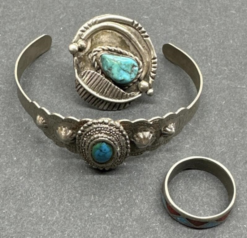(F) Antique Silver with Turquoise Stones.
