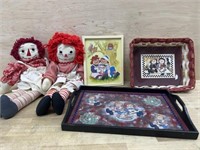 Raggedy Ann & Andy dolls, tray, picture, basket