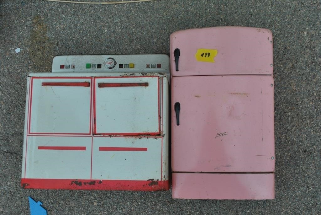 vintage Tin pink refrigerator and stove