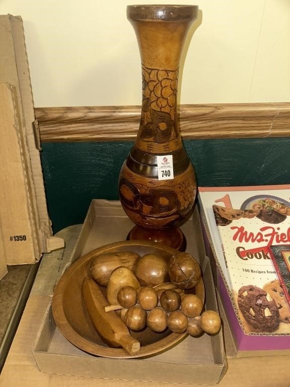 wood vase bowl with wood fruit