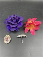 Floral Pins/Barrettes, Umbrella and Pansy Pin
