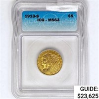 1913-S $5 Gold Half Eagle ICG MS63