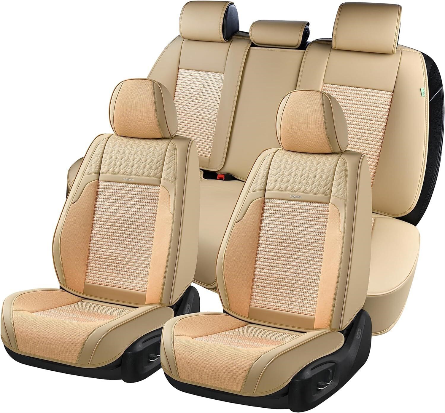 Seat Covers Full Set  Leather  Fits Most  Beige