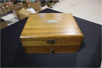 Oak lift top jewelry style box with drawer