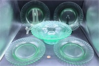 Uranium Glass Swirl Salad Bowl & Salad Plates