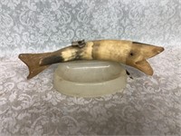 Vintage folk art carved horn fish and marble base