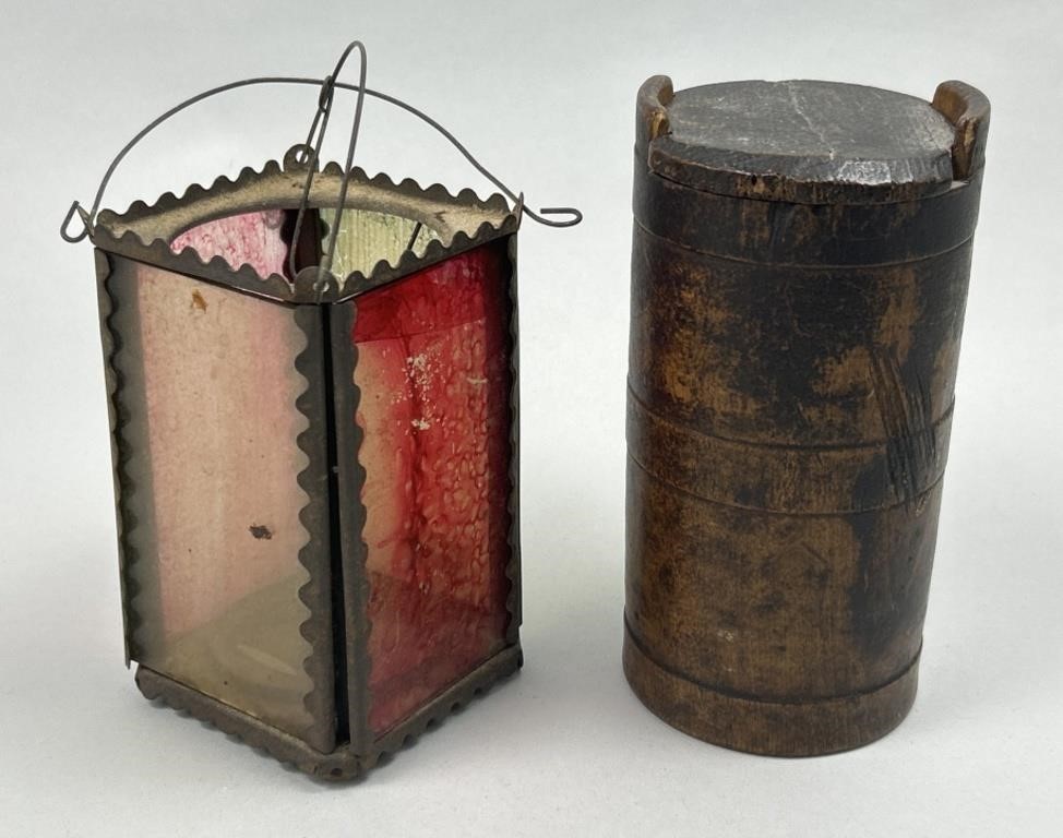 Antique Lantern & Wooden Spice Jar.