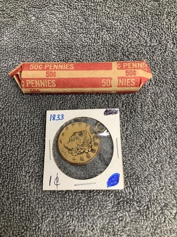 1833 1 Cent Coin w/ Attachment for