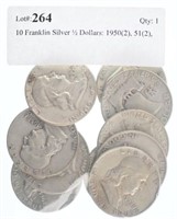 10 Franklin Silver ½ Dollars: 1950(2), 51(2),