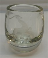 ART DECO GLASS ETCHED VASE. 2-1/2"D BY 3"T. VERY