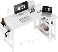 Lufeiya White L Shaped Computer Desk with Power Ou