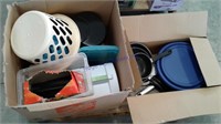 2 boxes assorted pans,baskets, coolers