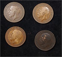 Group of 4 Coins, Great Britain Pennies, 1913, 191