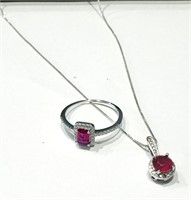 PRETTY 1CT GARNET STERLING NECKLACE AND RING SET